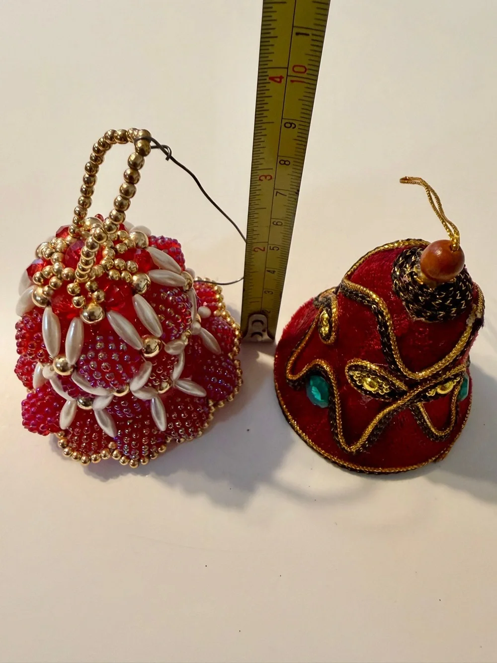 Vintage Christmas Beaded Velvet Bell Bauble Ornaments Small Red Set Of 2 Hanging